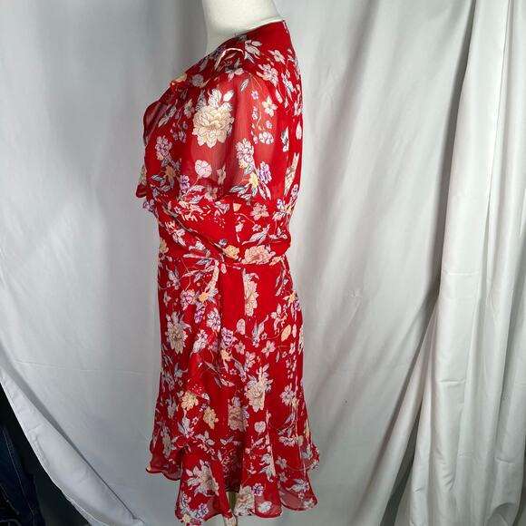 Lush Red Floral Wrap Dress Women's Medium Short Sleeve Ruffle Chiffon Lined - Picture 8 of 15